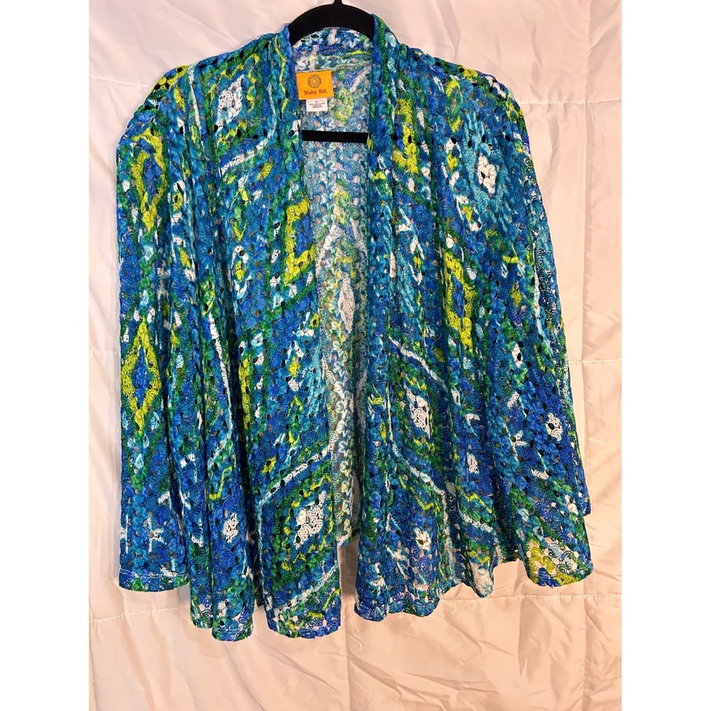 Ruby Rd. Blue Green Patterned Open-Front Cardigan Sweater